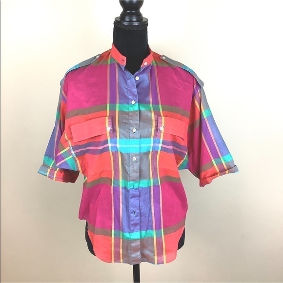VINTAGE JAEGER VIBRANT PLAID SHORT SLEEVES SHIRT - Picture 2 of 11